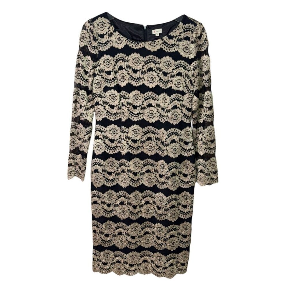 Cremieux Metallic Lace Long Sleeve Sheath Dress Black Gold Size 8